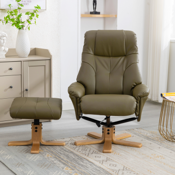 Dubai Recliner Chair & Footstool in Olive Green Plush 